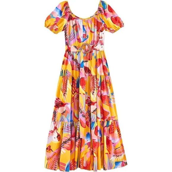 FARM Rio Neon Macaws Puff Sleeve Belted Cotton Maxi Dress - Picture 4 of 12